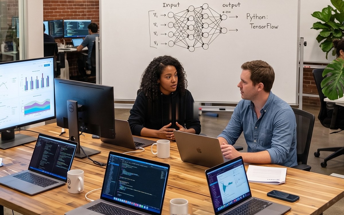 A small AI team working through a model architecture together in an open-plan office
