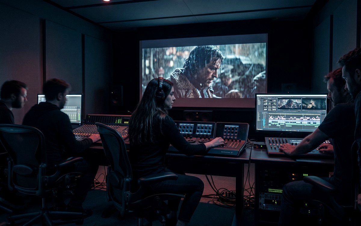 Colourists and editors at work in a darkened post-production grading suite
